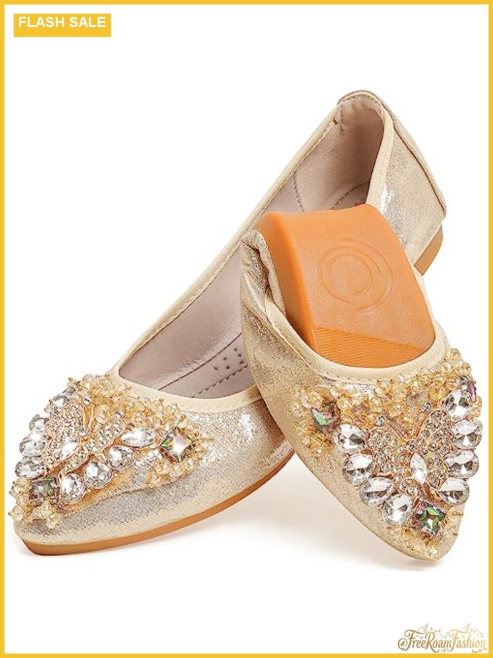 Rhinestone Bow Ballet Flats - Women's Wedding Slip-On Foldable